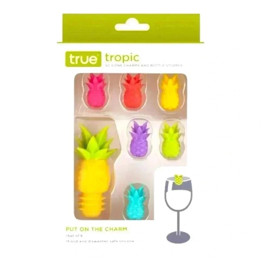 Pineapple Bottle Stopper Set and 6 Glass ID “Pineapple Charms” TRUE Silicone New